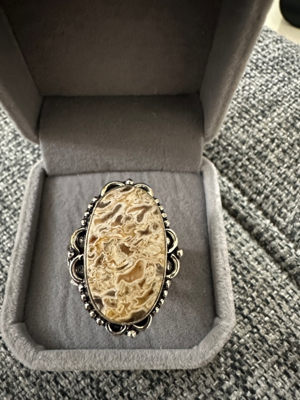 Sterling Silver Beige Cream Agate Oval Statement Ring Size 10.75